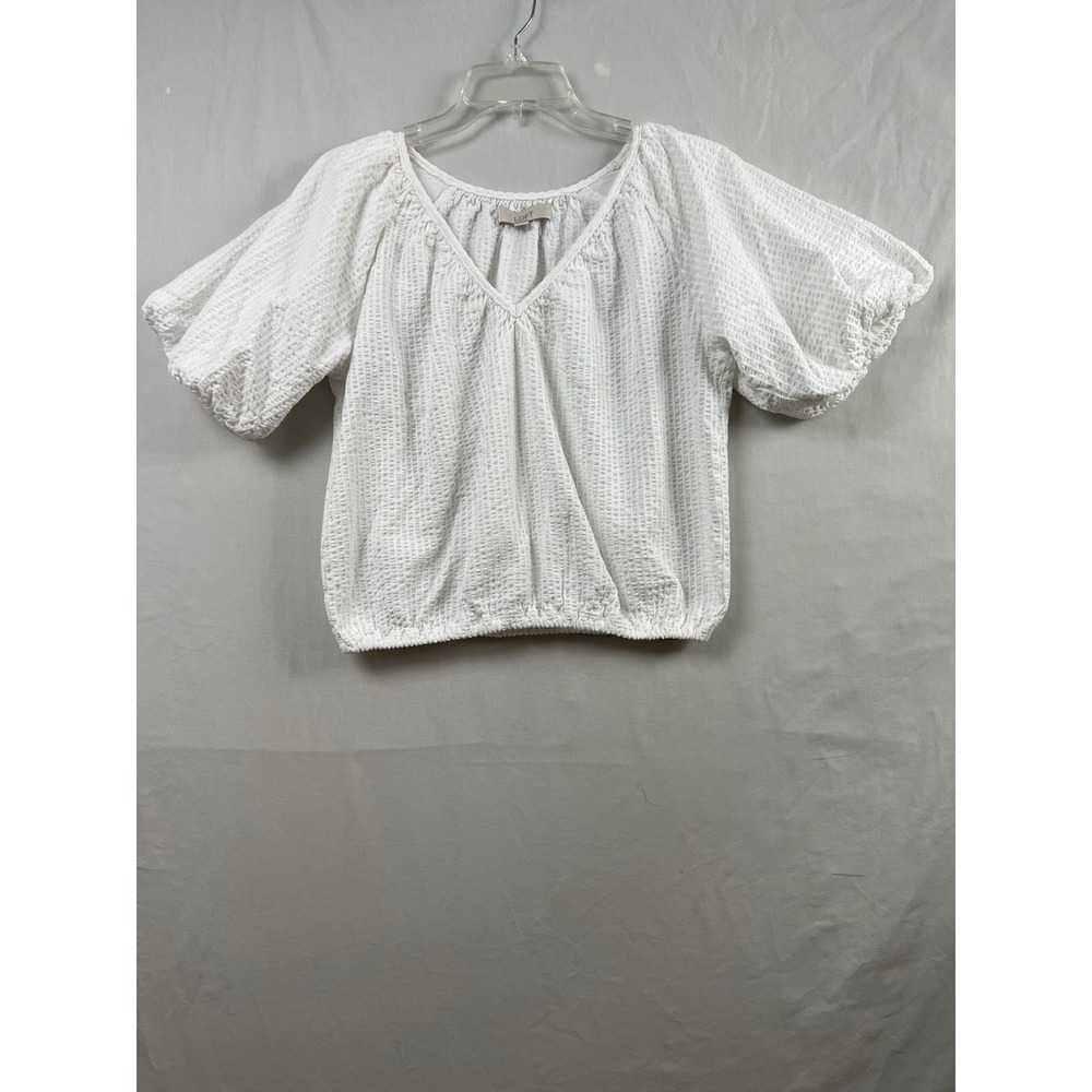 LOFT Blouse Womens Small White V-Neck Puff Sleeve Elastic Hem Textured Cotton